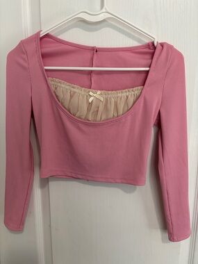 Pink Long-Sleeve Scoop Neck Crop Top